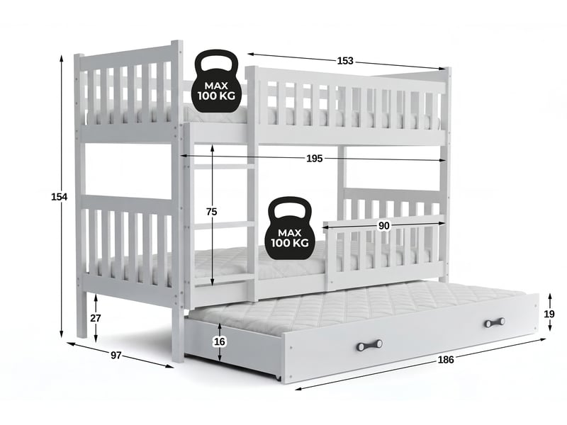 Lit superposé 3 places quba 90x190 cm + lit tiroir 70x180 cm interbeds - bois massif de pin - blanc - Conforama C