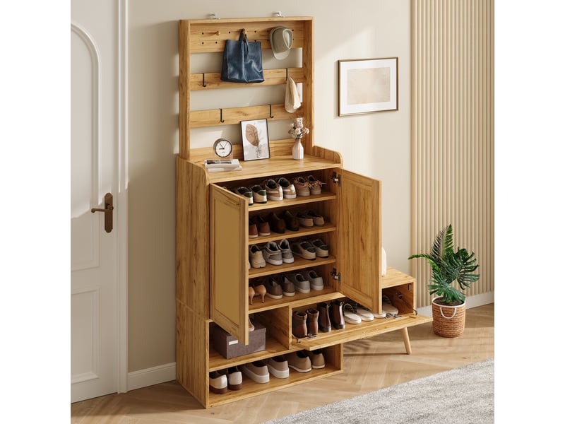  Ensemble d'entrée 123.5x35x180cm avec armoire, banc pivotant, patères, 2 portes en cannage pvc et étagère à chaussures ouverte, naturel evarich - Conforama E
