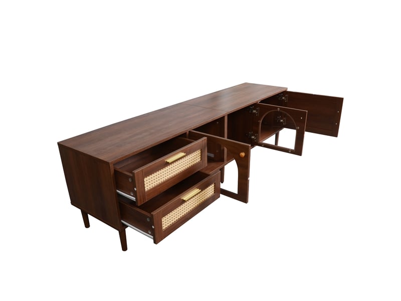  Meuble tv pour écran 80 pouces avec éclairage led et portes en verre, 180x40x50 cm, panneaux de particules, marron  - Conforama E