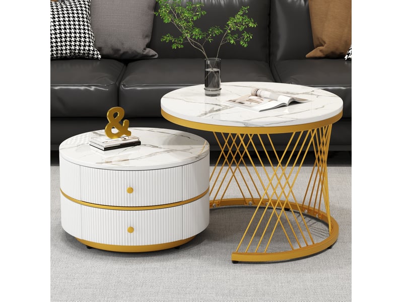  Lot de 2 tables basses rondes gigognes blanches, effet marbre brillant, 2 tiroirs  - Conforama B