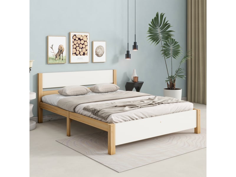  Lit double en bois 140x200 cm, cadre en pin avec pied central, lit enfant, lit adulte avec tête et pied de lit en mdf, blanc+naturel  - Conforama C