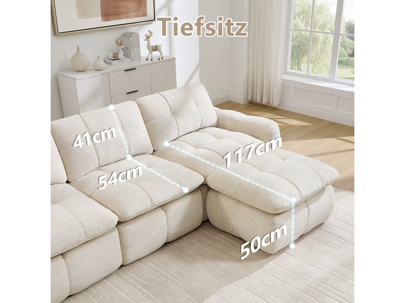  Canapé d’angle modulable 2 places en chenille beige – 194 x 160 x 68 cm Fay Lum - Conforama E