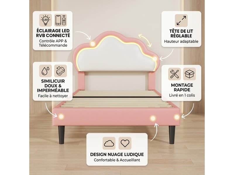  Lit simple 90x200 cm avec sommier, lit enfant, lit capitonné, blanc  - Conforama C