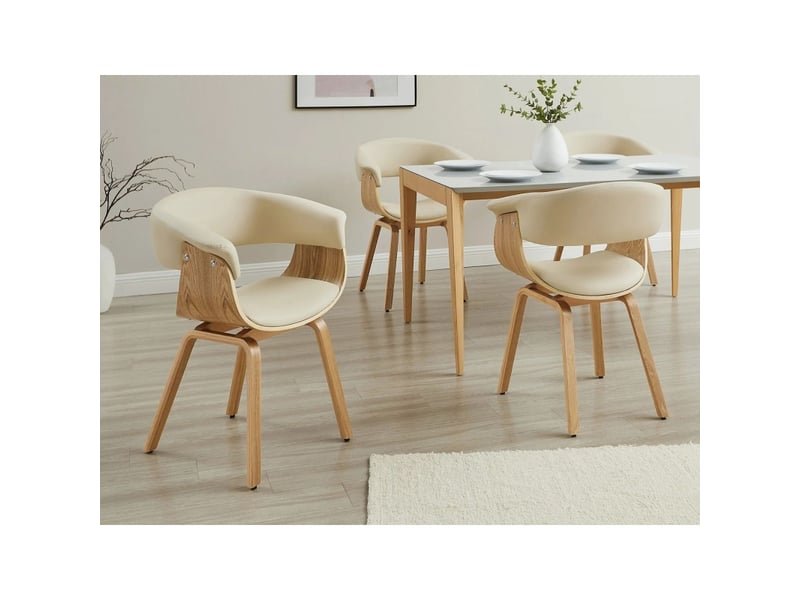  Chaise contemporaine nera en cuir artificiel beige crème et structure effet chêne clair avec accoudoirs  - Conforama B
