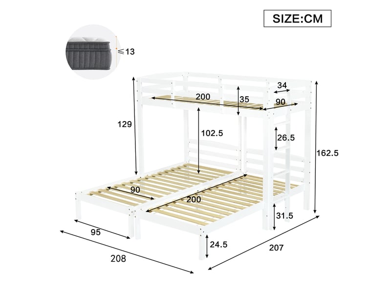  Modenvie lit superposé triple 90x200 cm - 3 couchages, échelle latérale réversible, sans matelas - blanc  - Conforama C
