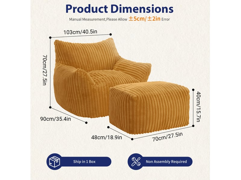  Fauteuil pouf lounge incurvé avec pouf, soutien ergonomique 5 zones en flanelle jaune, 103 × 90 × 70 cm  - Conforama C