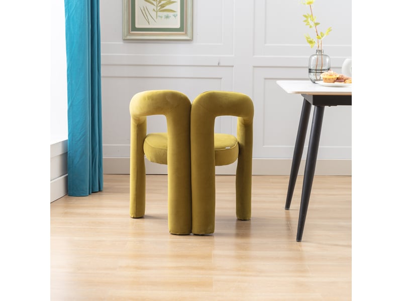  Chaise de salle à manger rembourrée avec dossier arrondi, accoudoirs et structure stable, en velours, vert olive  - Conforama D