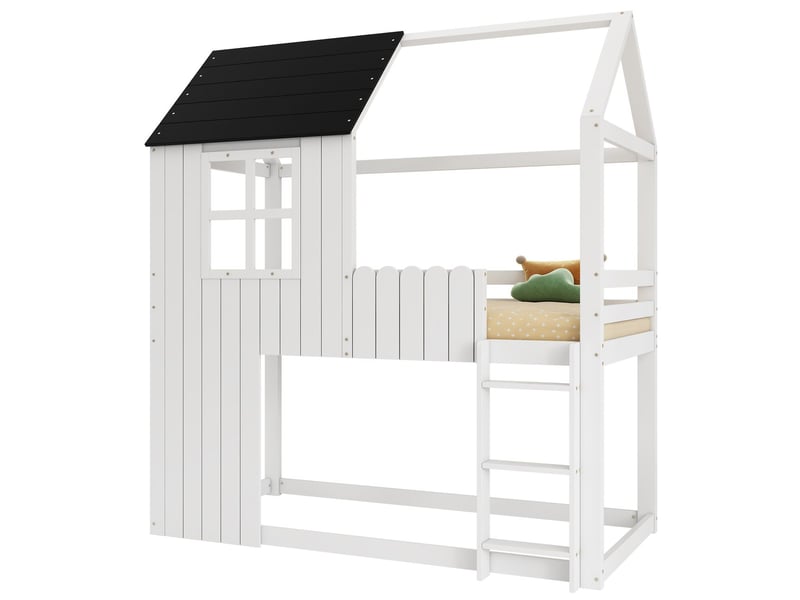  Lit mezzanine enfant 90 x 200 cm formes de maison escalier à trois marches barrière sur tous les côtés en pin et mdf finition blanche et noire fenêtre décorative lit simple  - Conforama A
