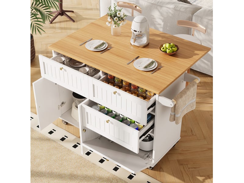  Îlot de cuisine mobile avec rangement et plateau rabattable 133 x 70 x 88 cm blanc  - Conforama B