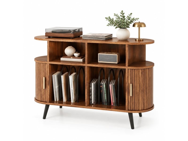 Meuble hifi,110x40x76 cm,portes coulissantes et rangement,mdf,finition noyer - Conforama A
