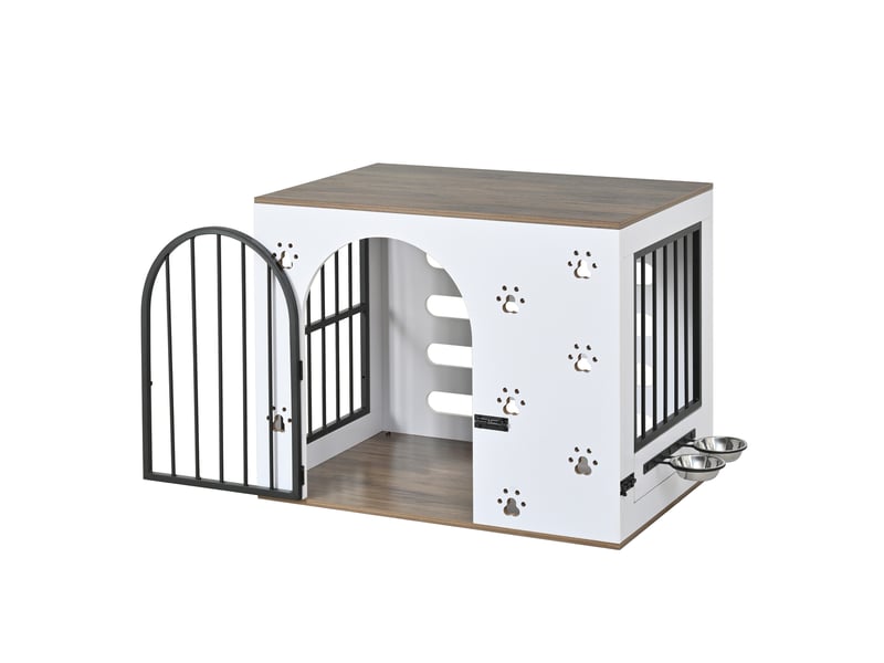  Cage d’intérieur 80x54x63 cm – blanc et chêne clair – table d’appoint avec 2 gamelles en inox amovibles  - Conforama A