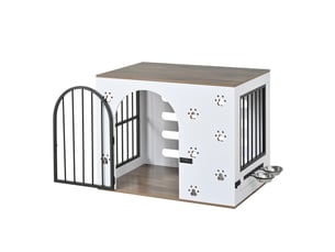 Cage d’intérieur 80x54x63 cm – blanc et chêne clair – table d’appoint avec 2 gamelles en inox amovibles
