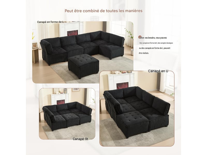  Canapé modulable 6 places en velours côtelé noir 308 cm W2845S00123 - Conforama E