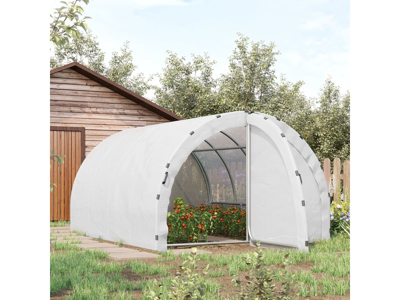  Serre de jardin tunnel surface sol 12 m² 4l x 3l x 2h m châssis tubulaire renforcé 25 mm double porte avec poignées blanc  - Conforama D