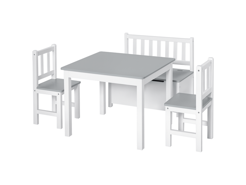  Ensemble table et chaises pour chambre d'enfant, comprenant une table, deux chaises et un coffre en bois, blanc et gris.  - Conforama A