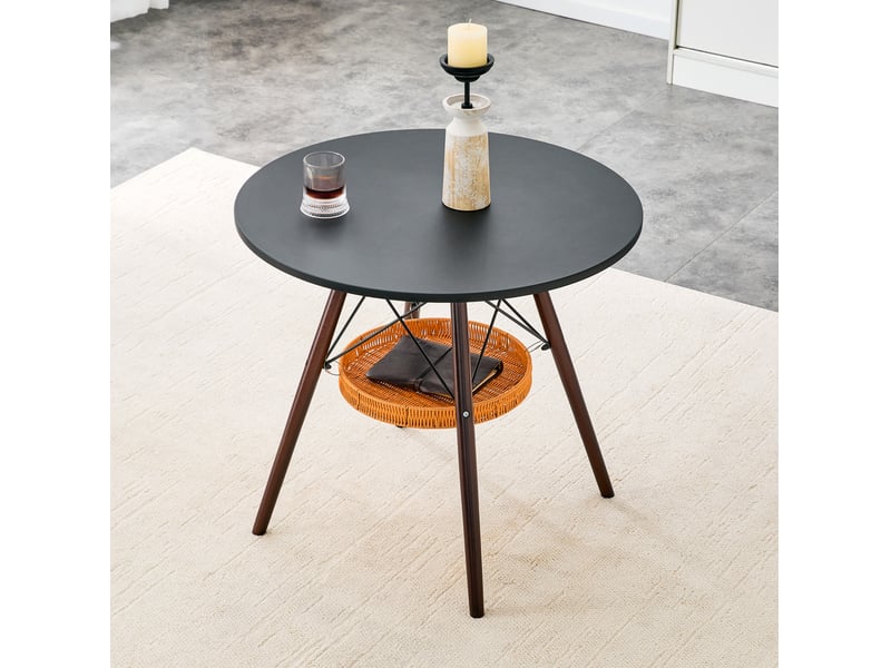 Table à manger ronde 80 cm noire et noyer, panier de rangement suspendu - Conforama B