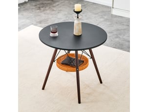 Table à manger ronde 80 cm noire et noyer, panier de rangement suspendu