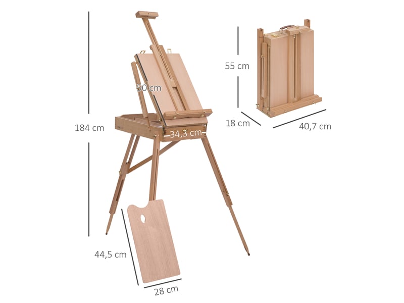  Chevalet d'artiste sur pieds pliable, mallette de peinture, chevalet avec rangement, hauteur réglable, bois de hêtre clair  - Conforama C