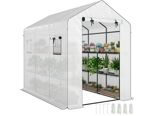 Serre de jardin 3 m² avec étagères 3 niveaux, pe renforcée 135 gm² anti-uv, porte enroulable et fenêtres en maille