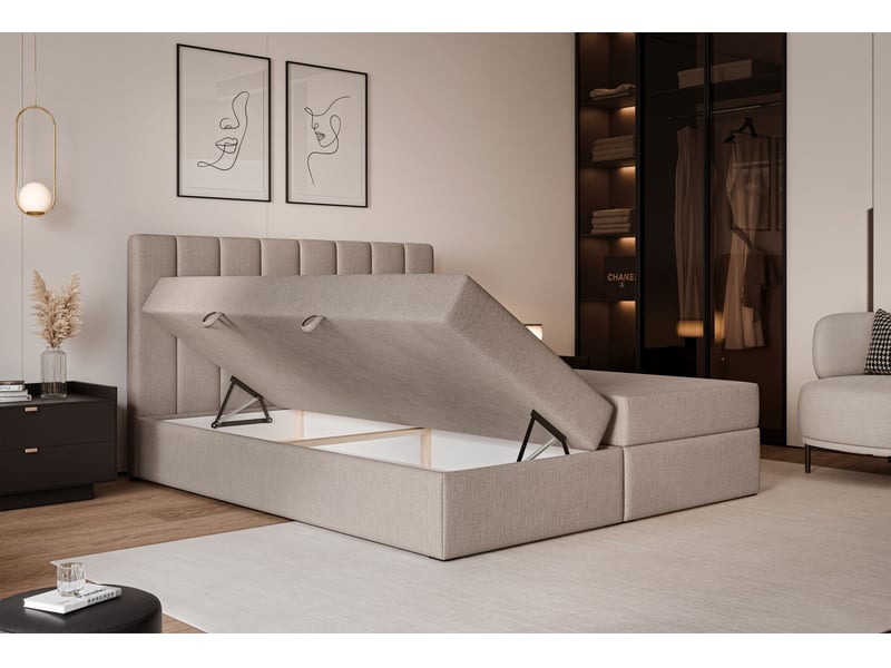 Lit coffre leo - 180x200 cm - avec matelas et surmatelas - tissu tissé chiné - cappuccino LEO - Conforama D