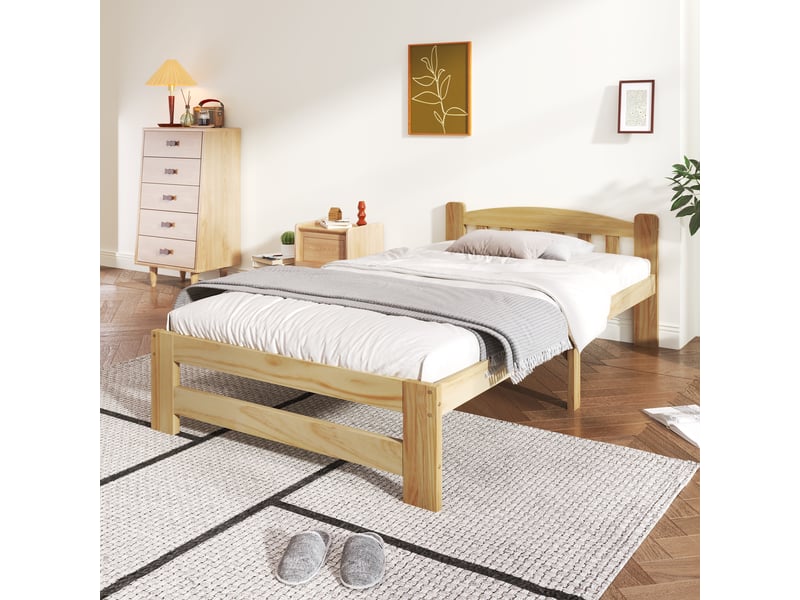  90x200 cm lit enfant capitonné avec tête de lit, lit simple en bois massif avec sommier à lattes, couleur naturelle, lit simple  - Conforama D