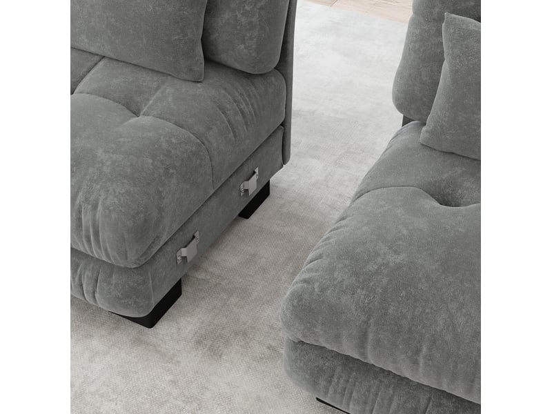  Canapé d’angle modulable 3 places 313x145x81 cm, mousse haute résilience, finition chenille gris, avec pouf  - Conforama D