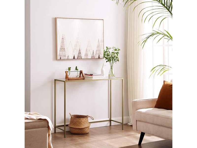  Console de salon moderne dorée avec plateau en verre  - Conforama D