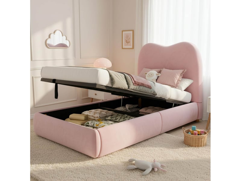  Lit enfant coffre hydraulique 90x200 cm en velours rose avec sommier  - Conforama D