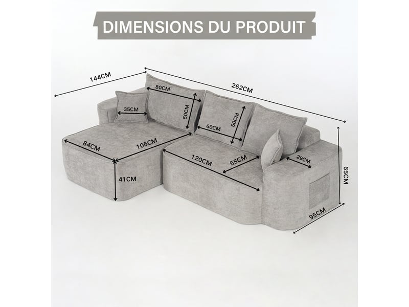  Canapé d'angle modulable avec méridienne, assise profonde xxl, sans montage, tissu chenille gris  - Conforama E