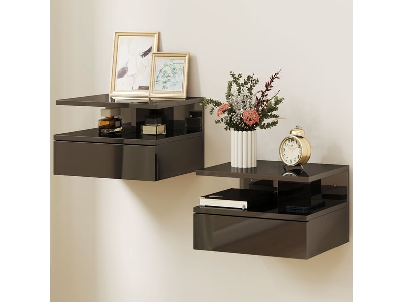  2 tables de chevet suspendues avec 1 tiroir et une étagère ouverte, design moderne, 35 x 32 x 22,5 cm, noir brillant  - Conforama B