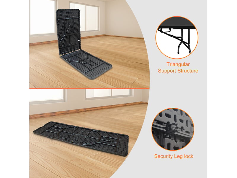  Table de jardin pliante 244 x 76 x 73,6 cm noire, en plastique et acier, avec poignée de transport  - Conforama D