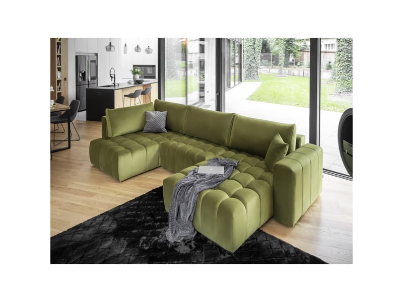 Canapé d'angle bonita convertible 6 places vert caca d'oie effet velours – droit – 350x175cm - Conforama B