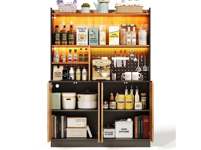  Meuble de cuisine avec éclairage led et prises, armoire de rangement haute à 4 portes, 120 cm, noir  - Conforama A