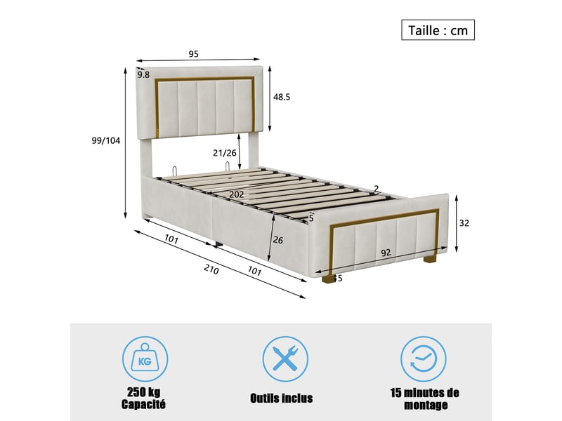  Lit simple capitonné,90 x 200 cm,avec espace de rangement,cadre en bois,revêtement en velours,beige  - Conforama C