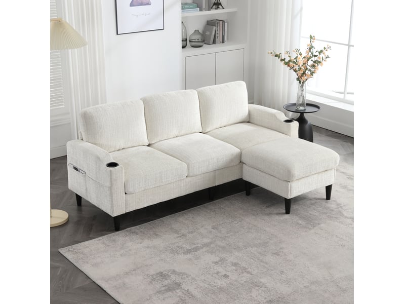  Canapé 4 places 196.5x75x77 cm, porte-gobelets, avec pouf et rangement, couleur beige  - Conforama B