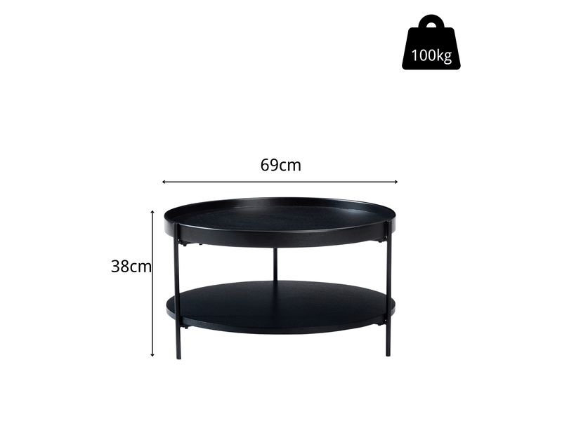  Table basse ronde avec 2 plateaux de rangement, style moderne, en bois et métal noir, noir, 69 × 69 × 38 cm  - Conforama E