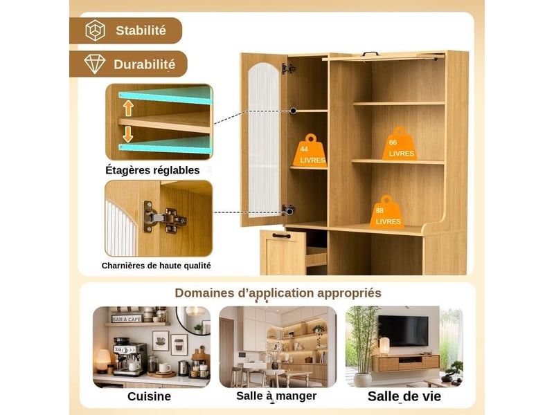  Servers, sideboards &amp; buffets - planche haute avec étagères réglables et tiroirs, armoire de cuisine avec étagères gigogne - mdf - natural - 98 x 40 x 177 cm - usage domestique - installation simple DE000044AAN - Conforama D