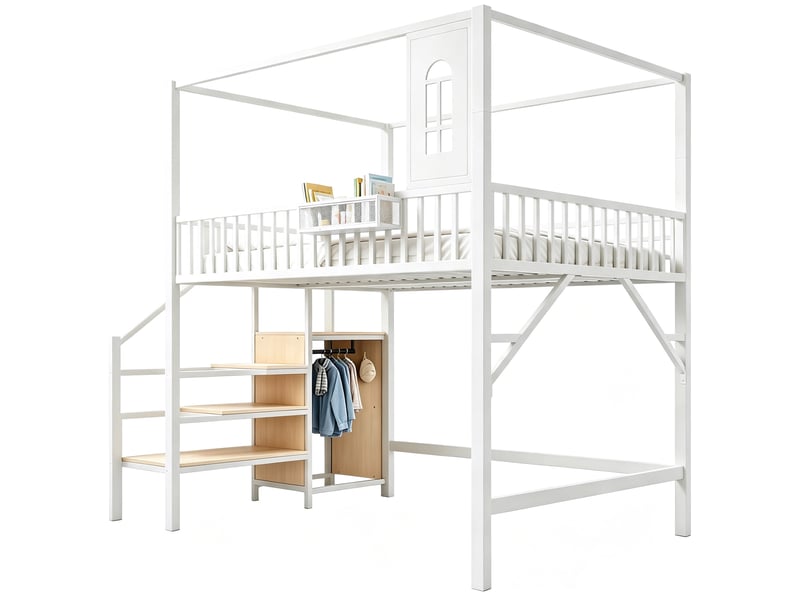  Lit mezzanine 140x200 cm en métal blanc avec escalier et rangement  - Conforama A