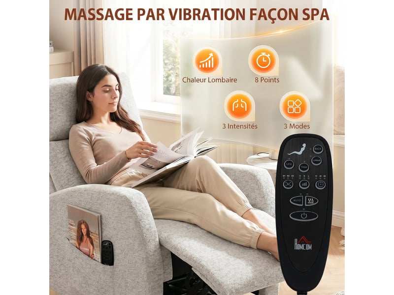  Fauteuil inclinable de massage en chenille pivotant crème 163x73,5x86 cm  - Conforama D