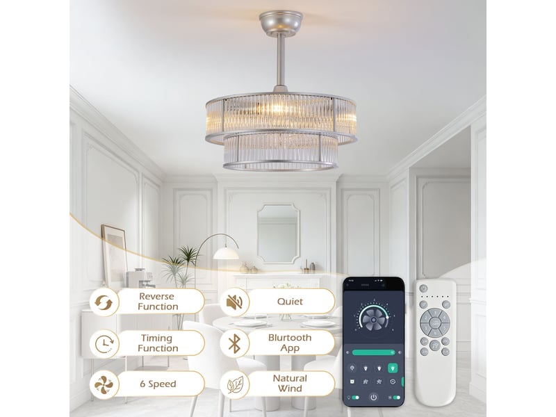  Ventilateur de plafond 50 cm éclairage led abs argent 6 vitesses télécommande silencieux minuterie et mémoire économie énergie  - Conforama D