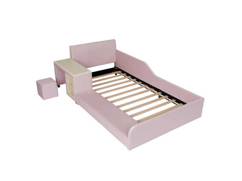 Lit rembourré- lit simple 90x200cm- lit d'enfant avec bureau d'enfant- tabouret et lattes en bois- velours- rose - Conforama A
