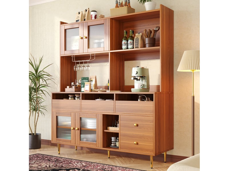  Buffet haut 145 x 39 x 171 cm en mdf, portes en verre strié, marron noyer  - Conforama D