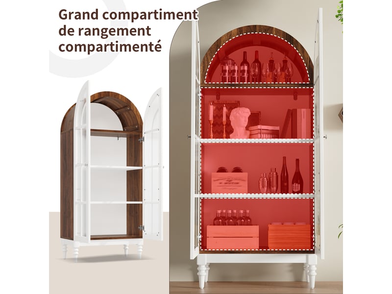  Lot de 2 vitrines hautes 76 x 38,5 x 165 cm avec portes en verre cannelé et 3 étagères, noyer et blanc  - Conforama D