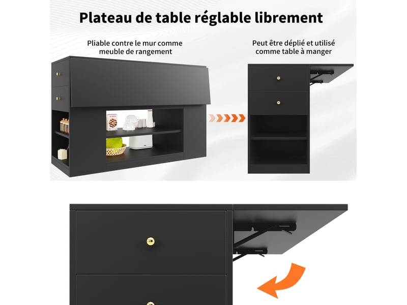  Îlot de cuisine rangement 140x40-70x90cm design moderne et élégant tiroirs plateau rabattable mdf et métal, noir  - Conforama R
