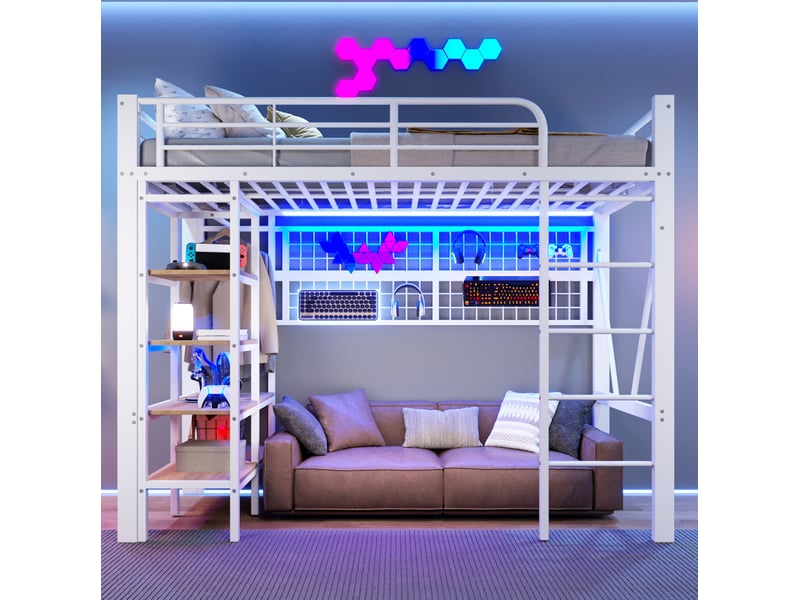  Lit mezzanine 90 x 200 cm avec led, étagères, filet et barre de suspension blanc  - Conforama D