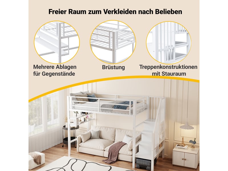  Lit mezzanine enfant 90x200, lit surélevé en métal blanc avec échelle de rangement et étagères, cadre robuste, 255x95x160cm.  - Conforama D