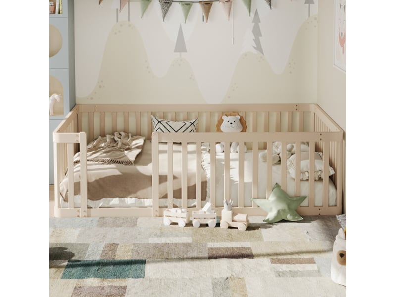  Lit enfant 90x200 cm avec barrière de sécurité et ouverture latérale, en bois, beige  - Conforama C