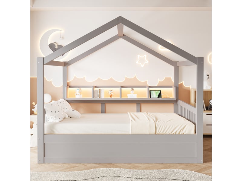  Lit enfant 140 × 200 cm – avec barrière de sécurité – avec espaces de rangement – ​​avec bande led et prise électrique – gris (matelas non inclus)  - Conforama B