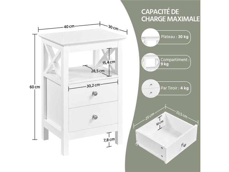  Lot de 2 tables de chevet scandinaves avec 2 tiroirs et étagère ouverte 40x30x60 cm blanc 616335 White(2pcs) - Conforama C