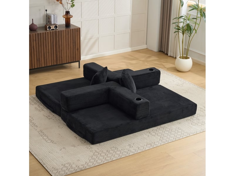  Canapé-lit de sol modenvie convertible 2 places en velours côtelé noir 185 x 92,5 x 60 cm  - Conforama D